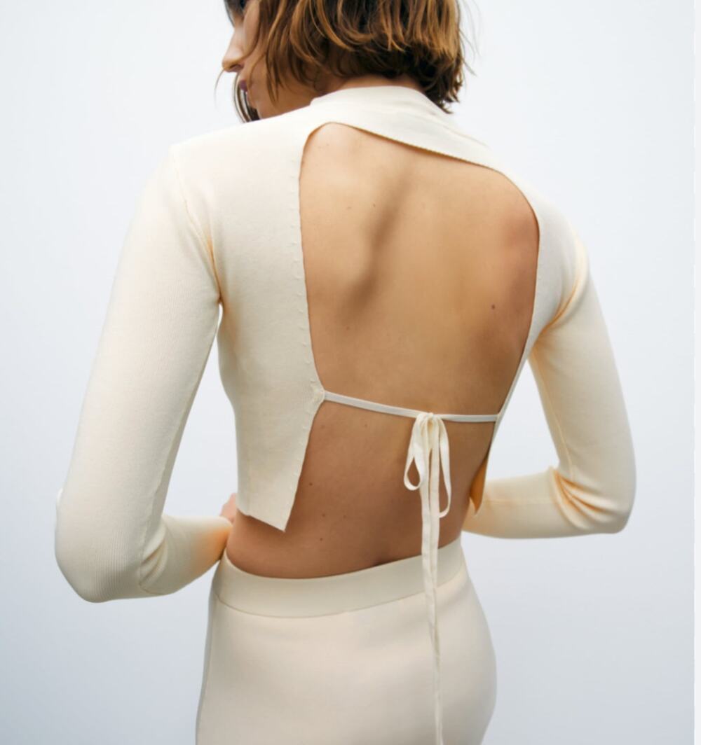 Zara Open Tie Back Cropped Knit Sweater Women's Small Yellow-Cream Mock Neck
